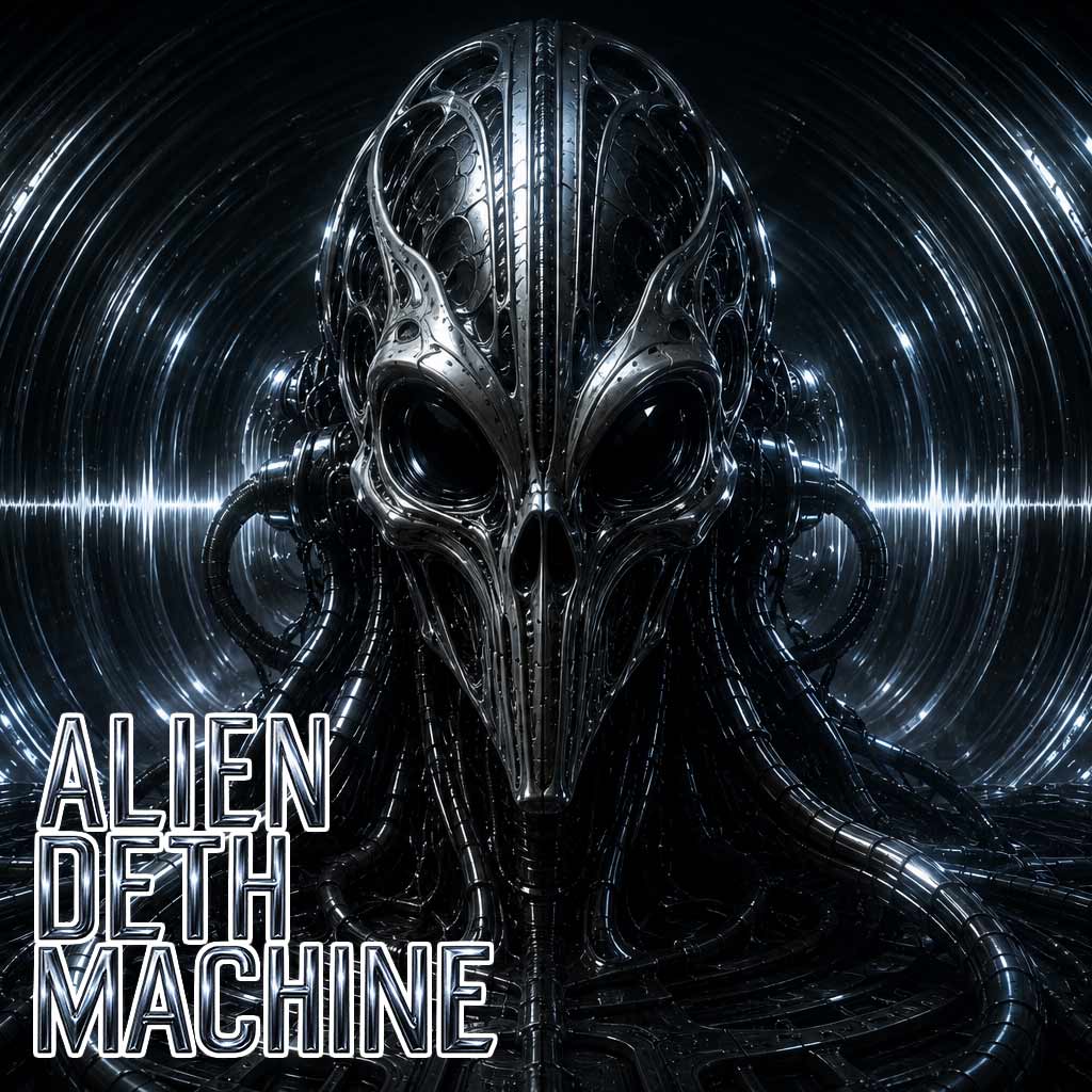 Alien Deth Machine — metallic alien face surrounded by chrome machinery and sound waves